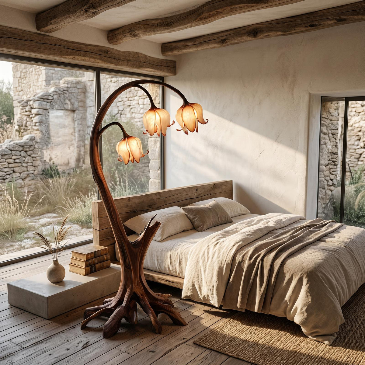 Rustic Floor Lamp, Handcrafted Blooming Bell Flower Wood Standing Lamp for Living Room & Bedroom
