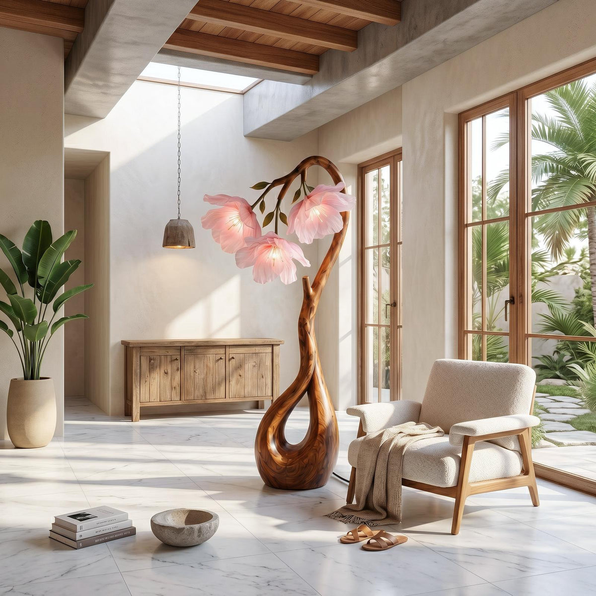 Modern Floor Lamp with Nature-Inspired Silhouette, Handcrafted Wooden Standing Light for Living Room