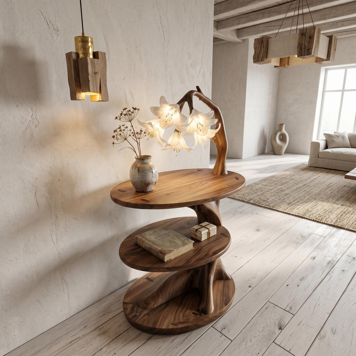 Rustic Side Table with Flower Shade Lamp, Handcrafted Solid Wood End Table & Bedside Nightstand