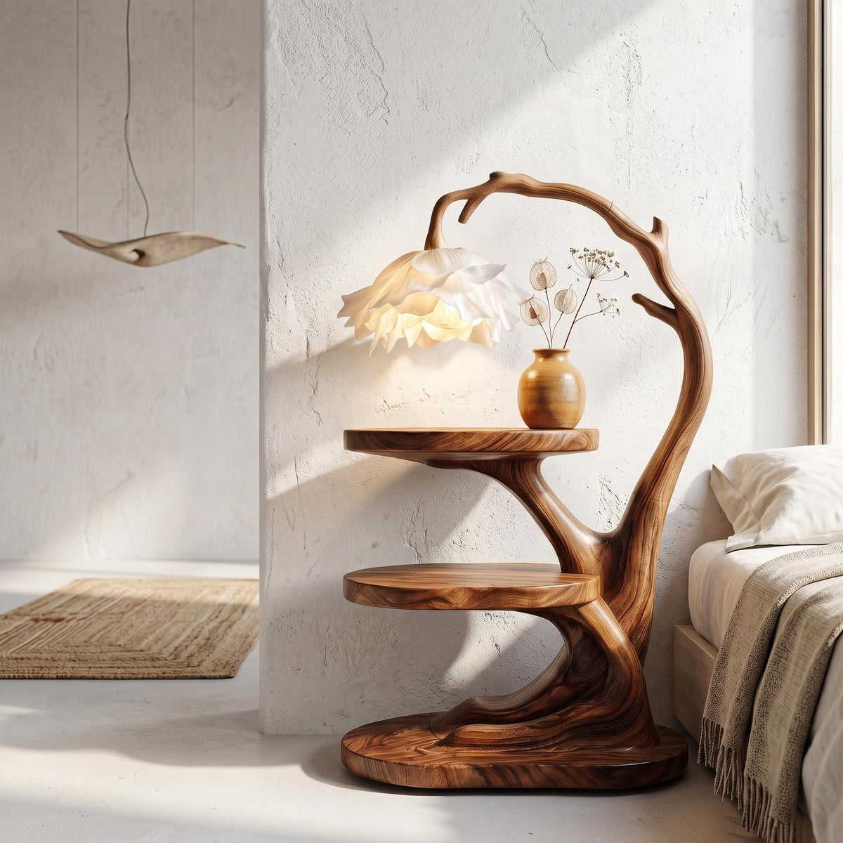Organic Bedside Table with Sculptural Flower Lamp, Solid Wood Nightstand & Side Table for Bedroom