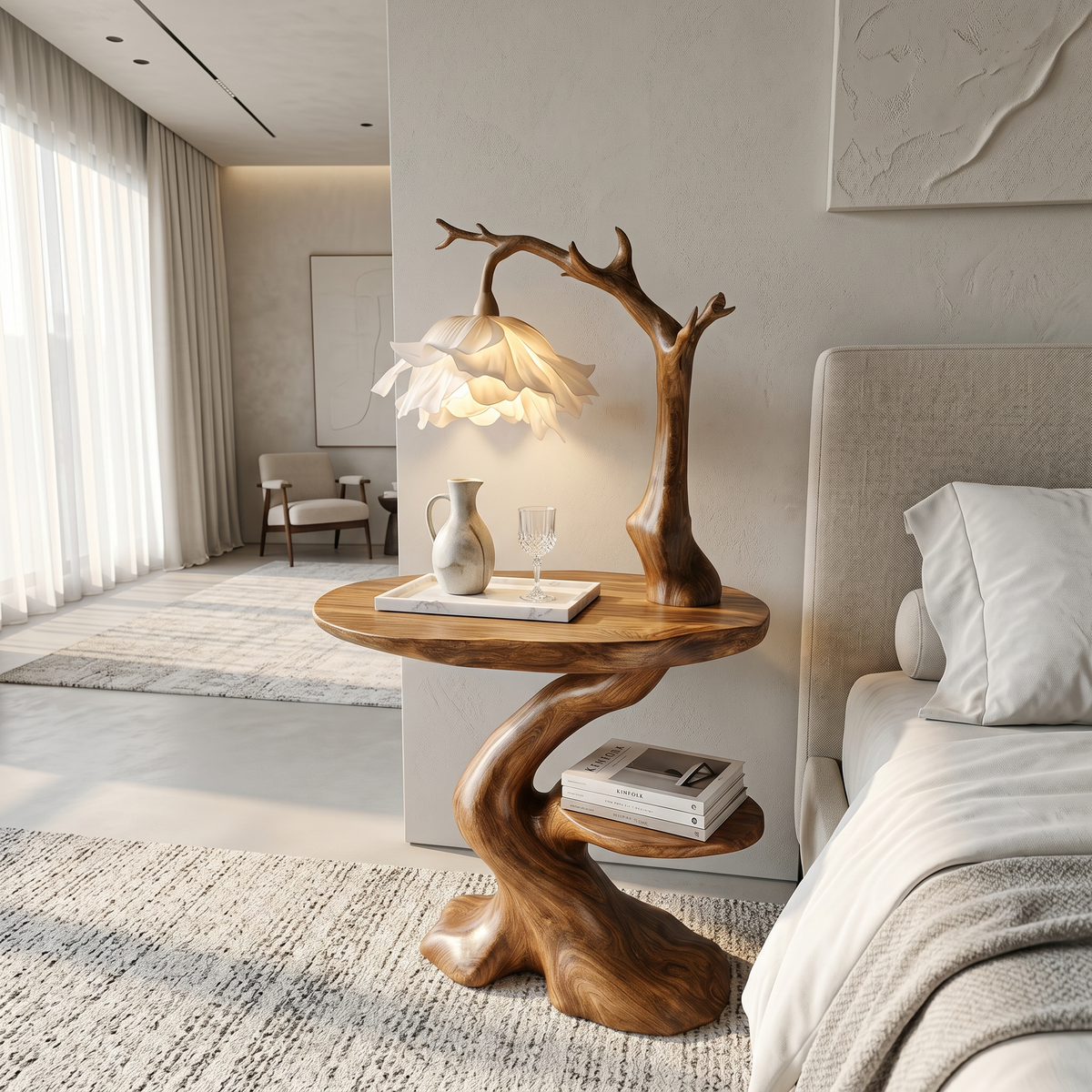 Spry Interior Modern End Table with Tree Branch Lamp, Handcrafted Solid Wood Side Table & Bedside Nightstand for Bedroom, SINLSABT274