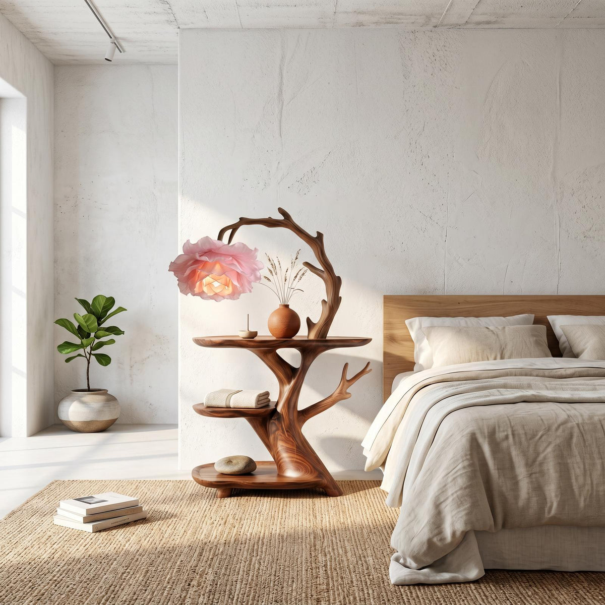 Contemporary Side Table with Floral Accent Lamp, Handcrafted Solid Wood Bedside Nightstand for Bedroom