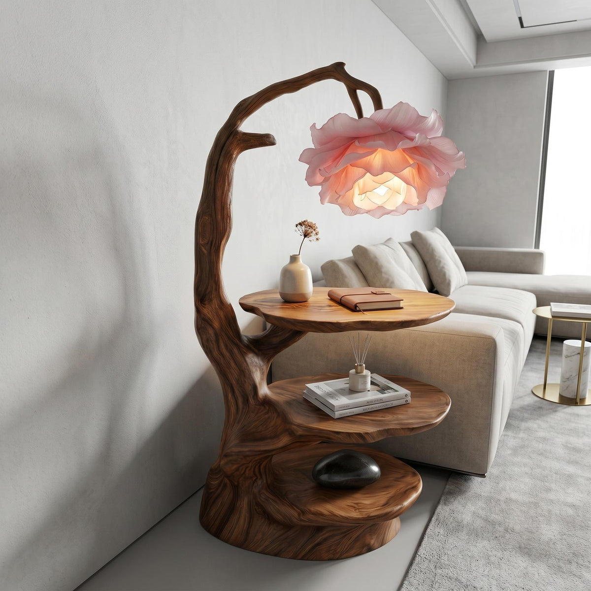 Natural End Table with Tree Branch Base & Integrated Flower Lamp, Solid Wood Bedside Table Nightstand
