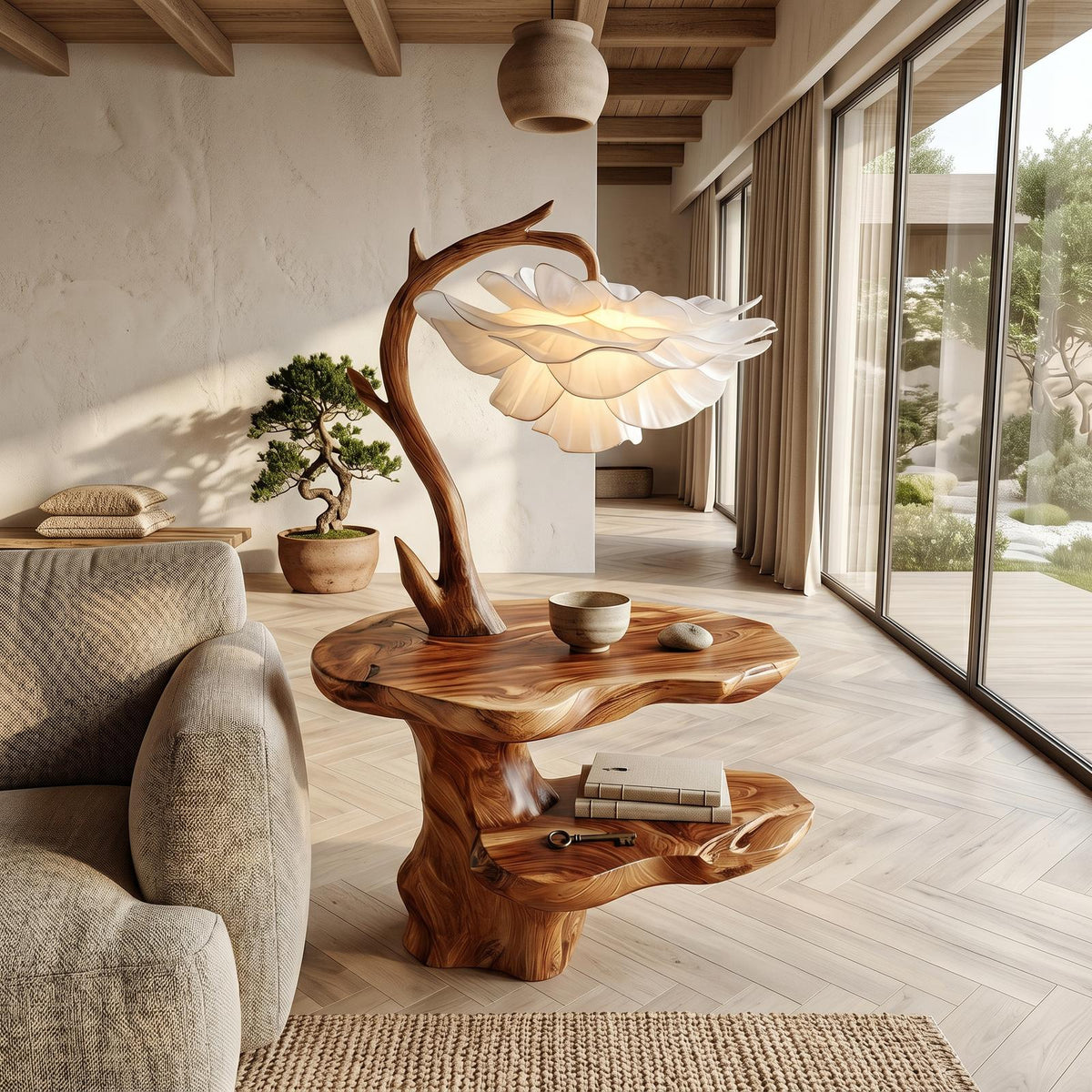 Organic End Table with Flower Lamp, Tree Branch Solid Wood Bedside Table & Accent Nightstand