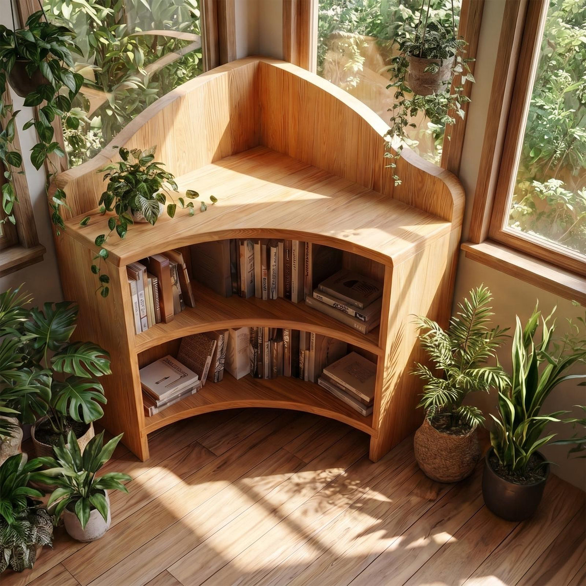 Minimalist Corner Bookshelf, Clean Solid Wood Open Display Shelves for Contemporary Living Room