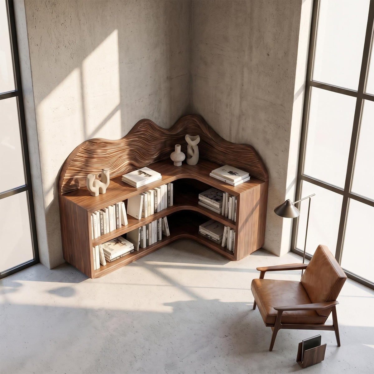 Contemporary Corner Bookcase, Sculptural Solid Wood Floating Shelves, Wall Display for Living Room