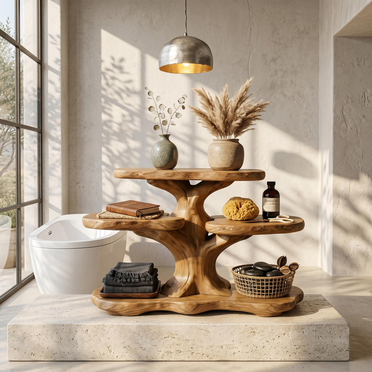 Contemporary Tree Bathroom Organizer with Floating Wood Shelves, Decorative Wall Storage