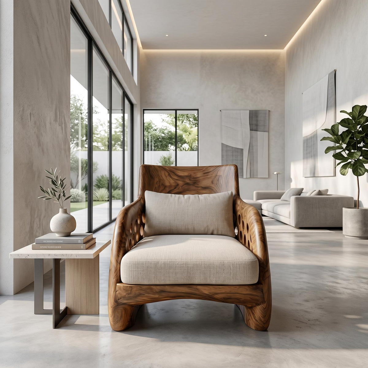 Contemporary Organic Wooden Accent Chair, Sculptural Lounge Armchair for Living Room