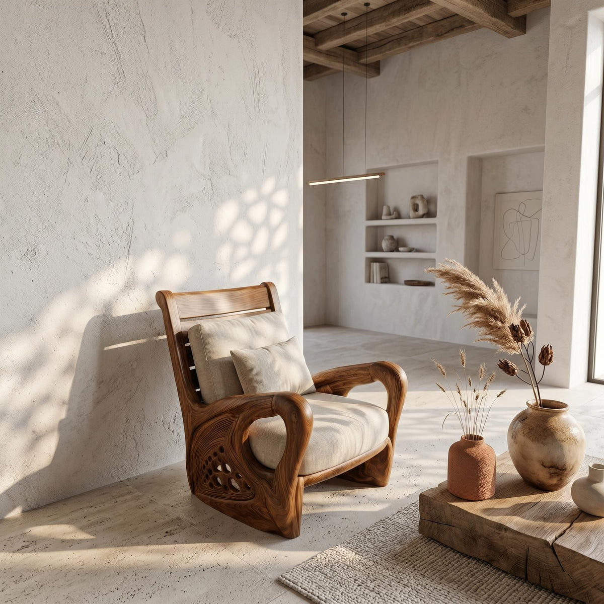 Nature Inspired Wooden Accent Armchair, Sculptural Lounge Chair for Living Room Relax