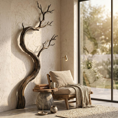 Artisan Wooden Wall Decor, Sculptural Driftwood Branch Hanging Sculpture for Living Room