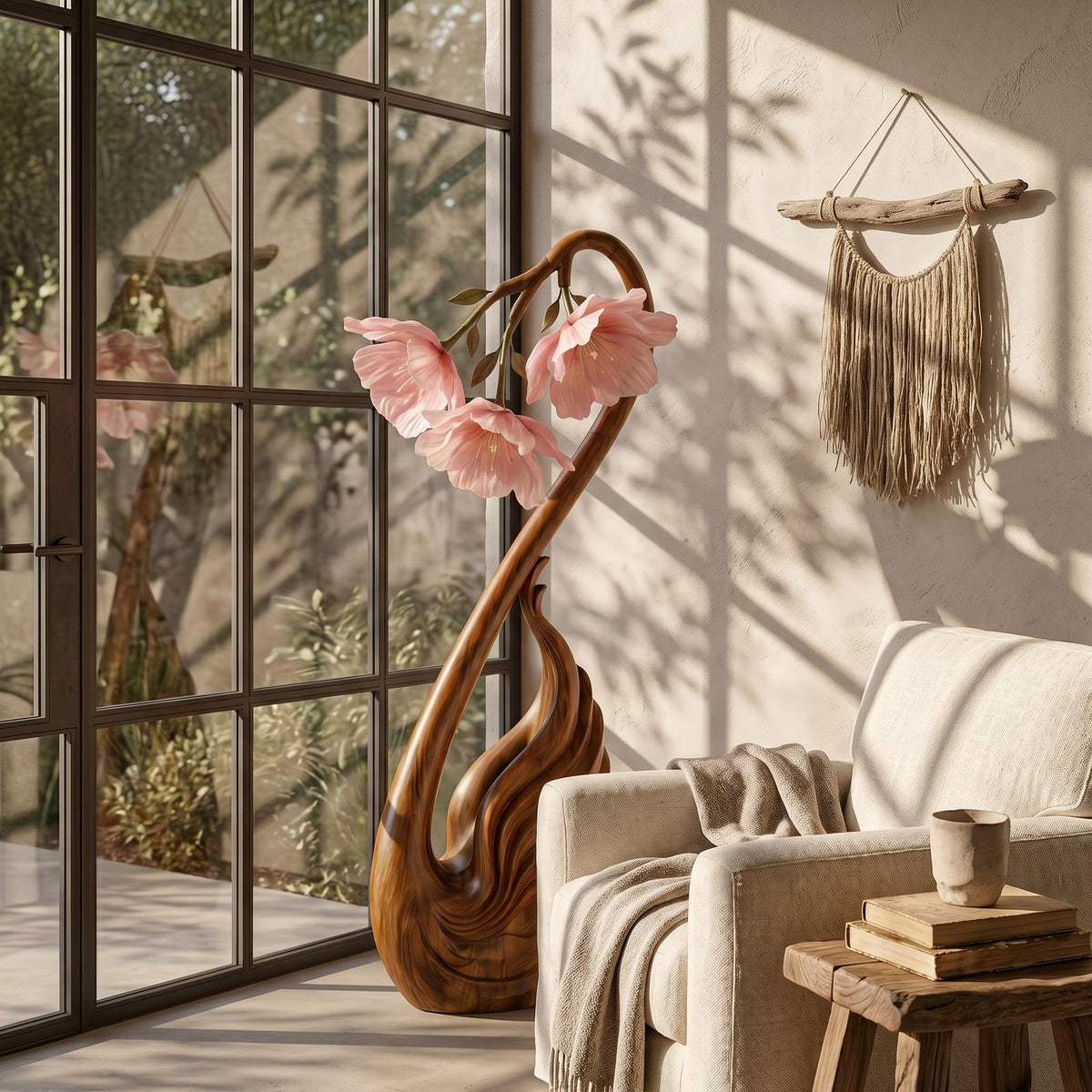 Modern Wood Floor Lamp, Handcrafted Sculptural Flower Shape Standing Accent Light for Living Room, Model