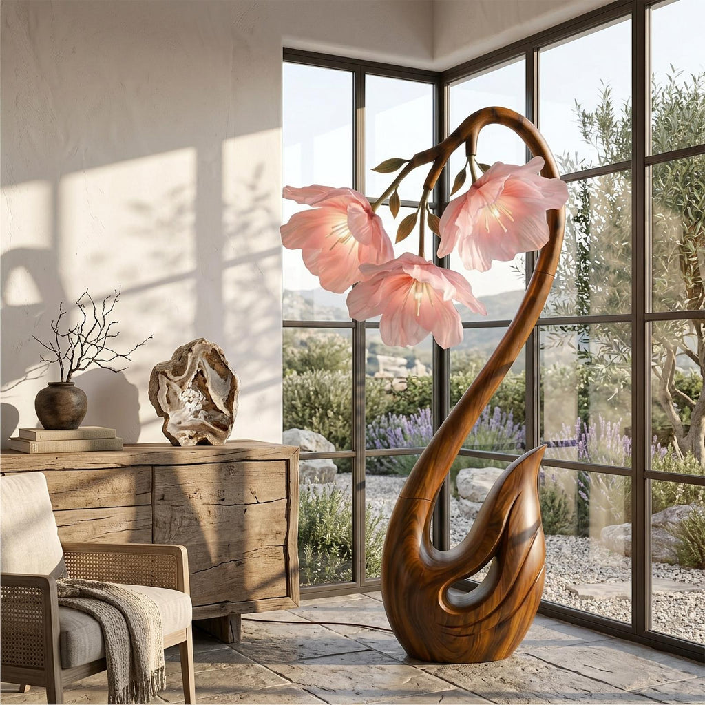 Sculptural Flower Floor Lamp, Handcrafted Organic Wood Blooming Rose Shape Standing Light for Bedroom, Model