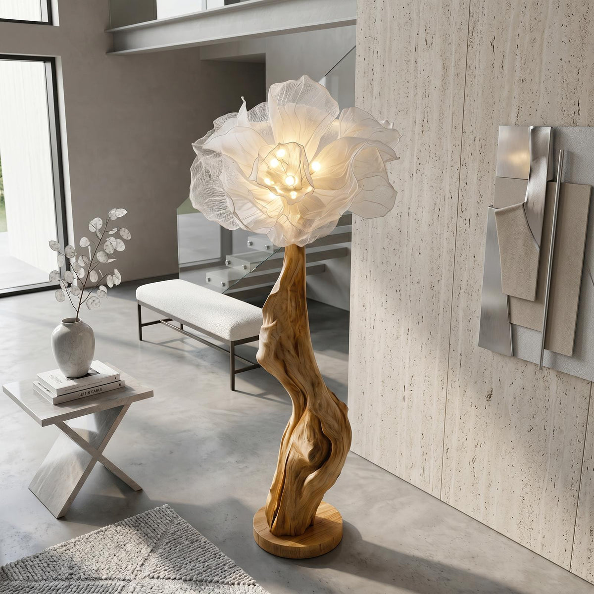 Nature Inspired Wood Floor Lamp, Handcrafted Artistic Flower Display Standing Light for Living Room, Model