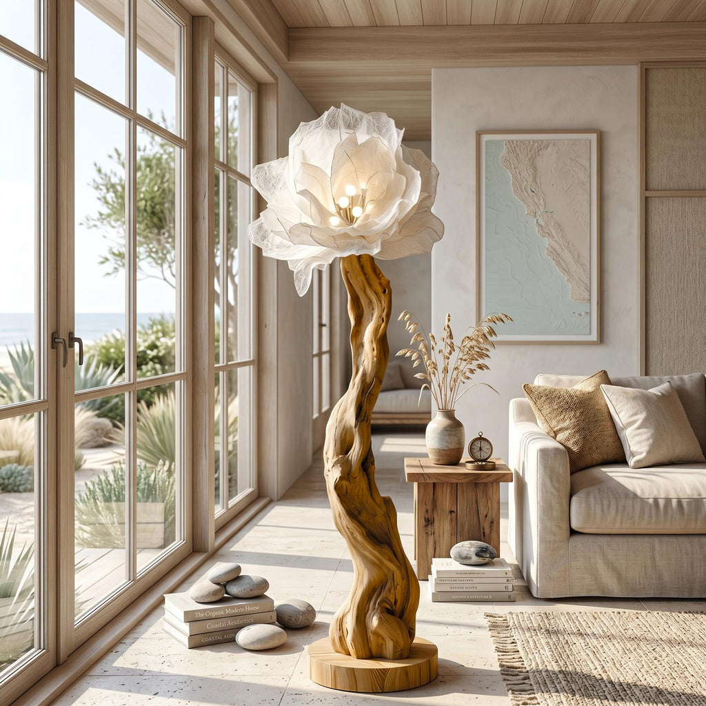 Organic Wood Standing Lamp, Handcrafted Sculptural Bloom Flower Design Tall Floor Lamp for Living Room, Model