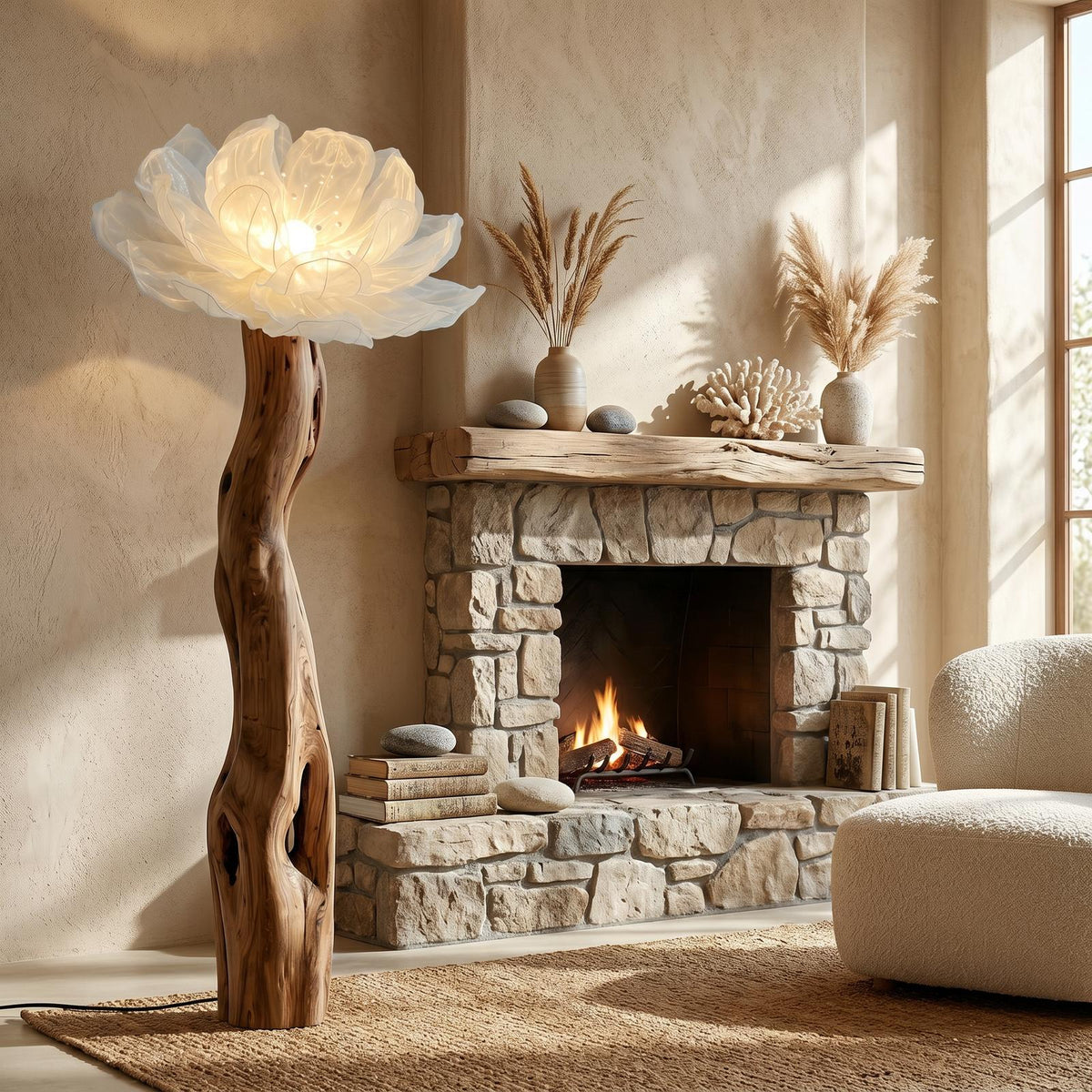 Artistic Wood Floor Lamp, Handcrafted Sculptural Flower Arrangement Design Tall Standing Light for Home, Model