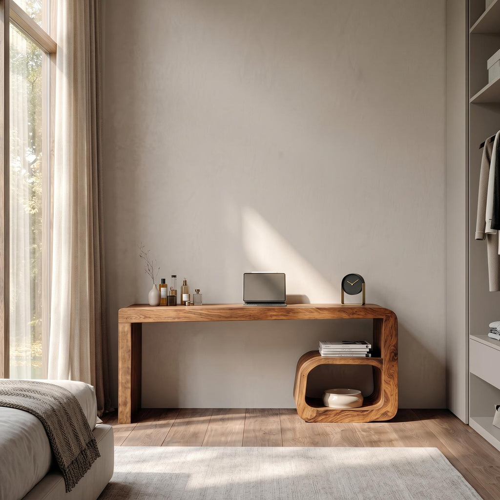 Sculptural Dressing Table With Curved Wood Silhouette For Bedroom Decor