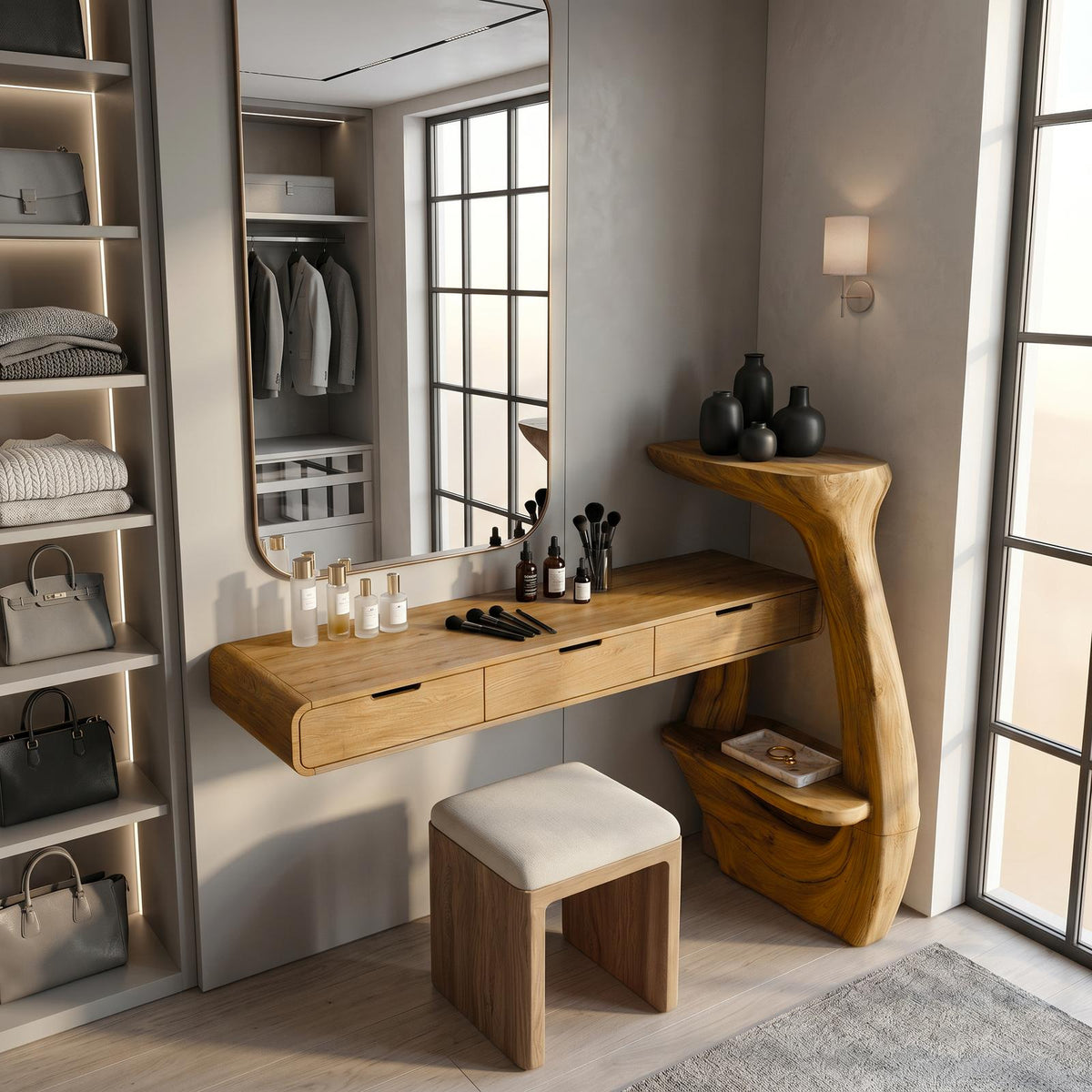 Sculptural Dressing Table With Handcrafted Wood Structure For Bedroom SINLSABDT084