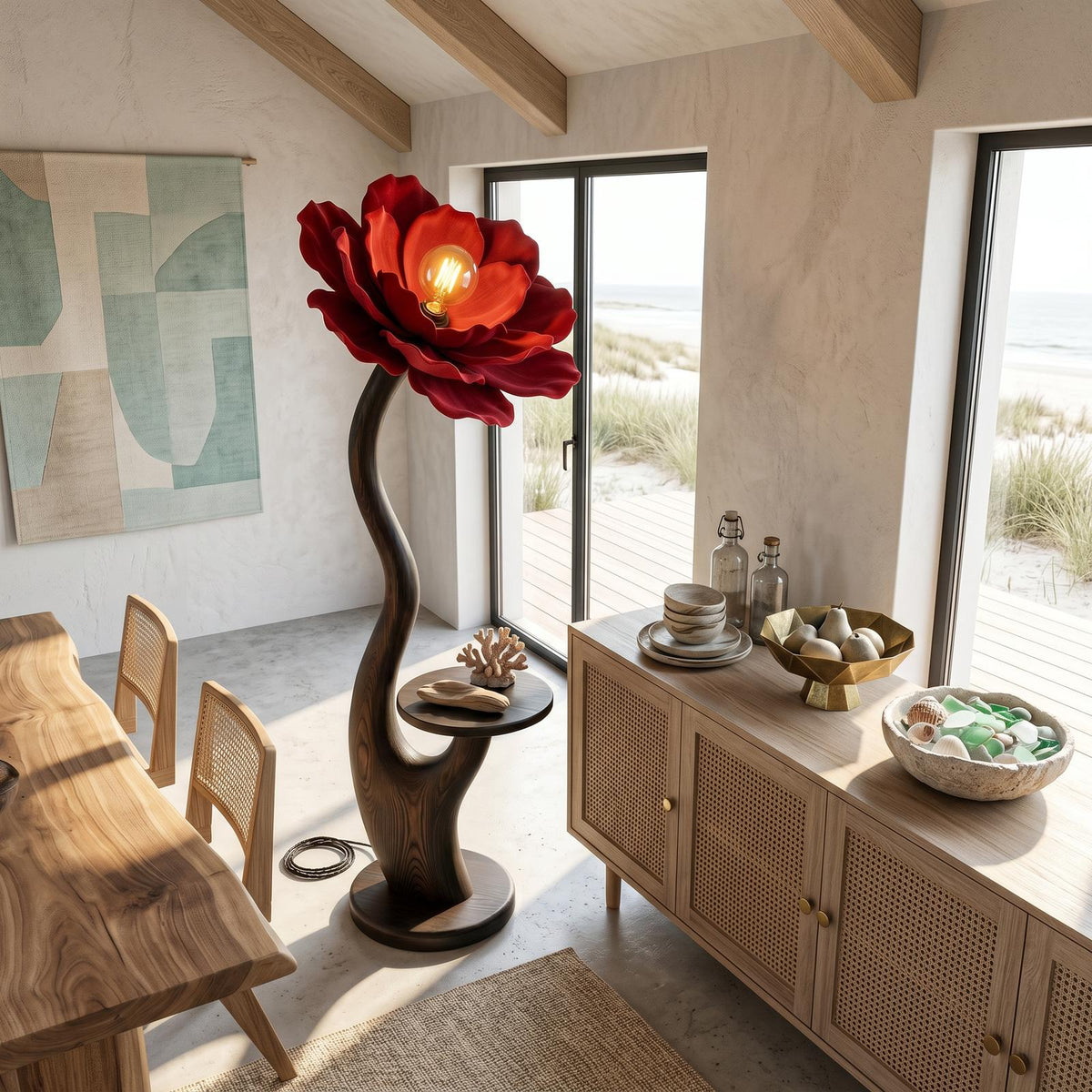 Organic Floor Lamp With Built In Bedside Table And Flower Shade For Living Room