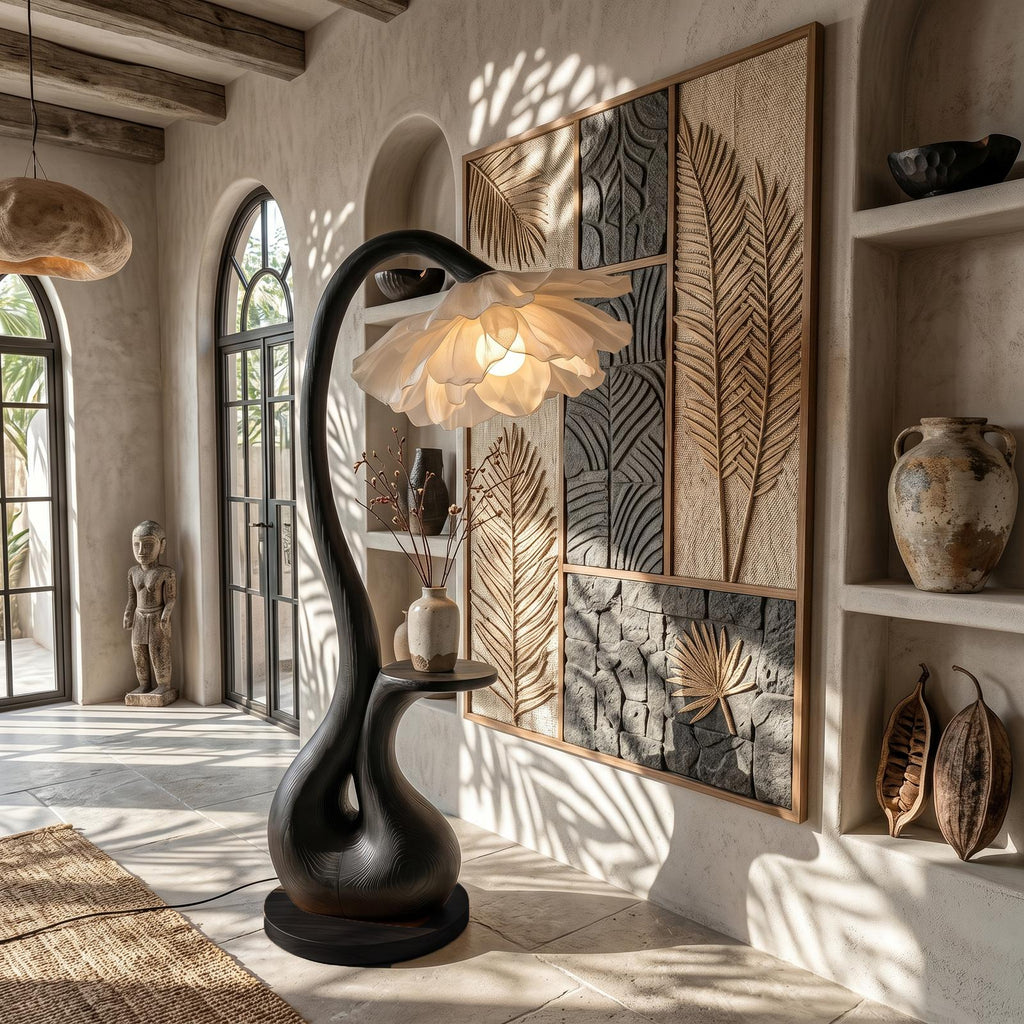 Modern Floor Lamp With Sculptural Curved Base And Display Shelf For Living Room
