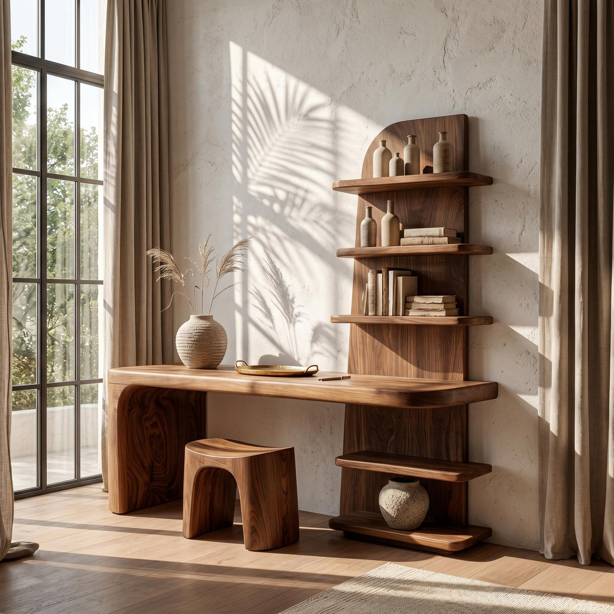 Minimal Desk With Built In Bookcase And Drawers For Study Room