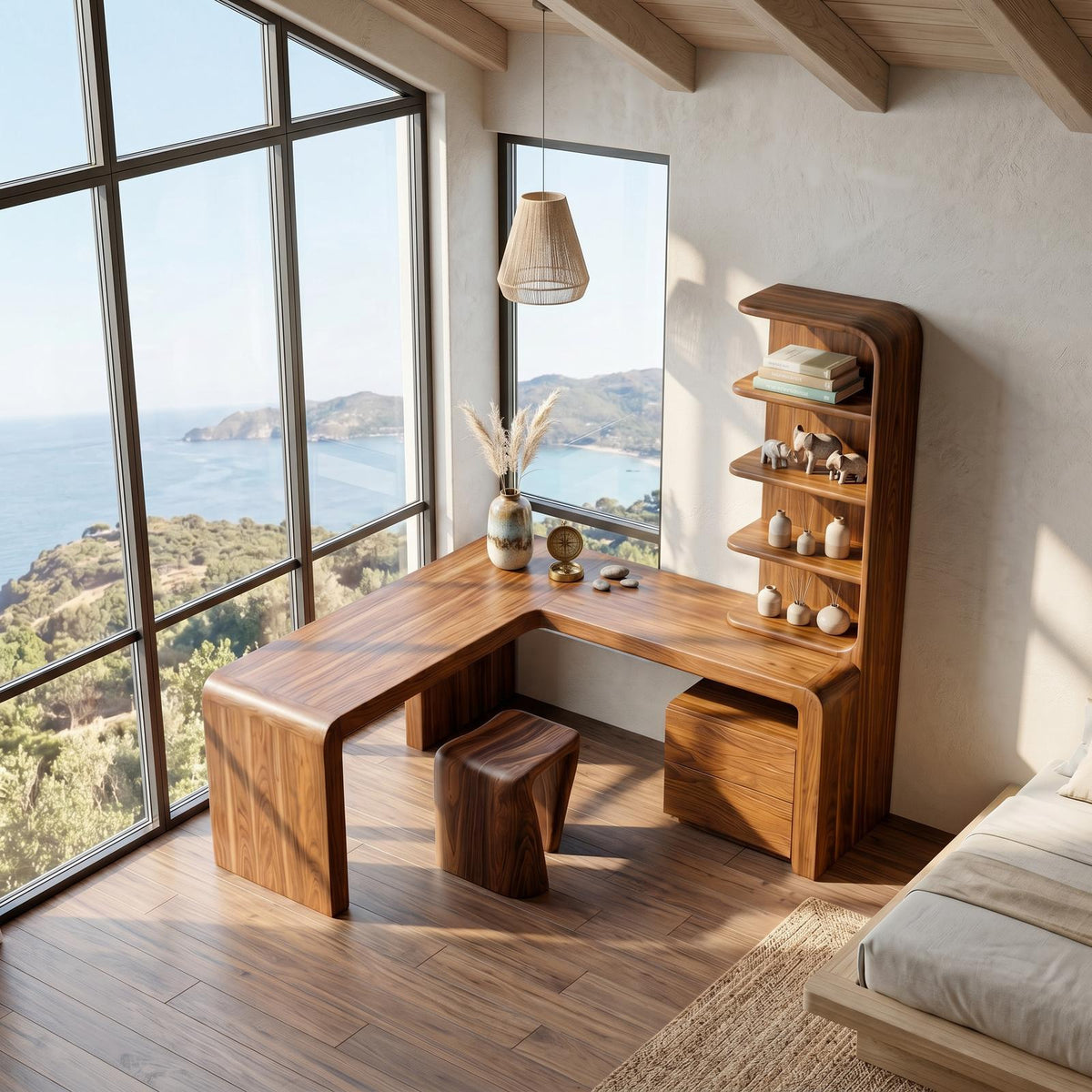Organic Desk With Storage Shelves And Cabinet For Home Office