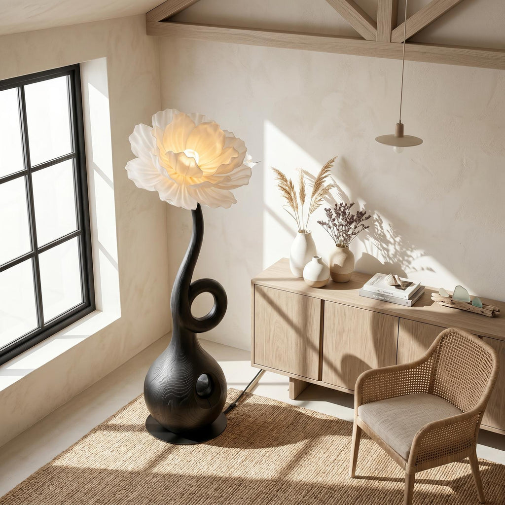 Sculptural Floor Lamp With Floral Accent Design For Bedroom And Reading Room