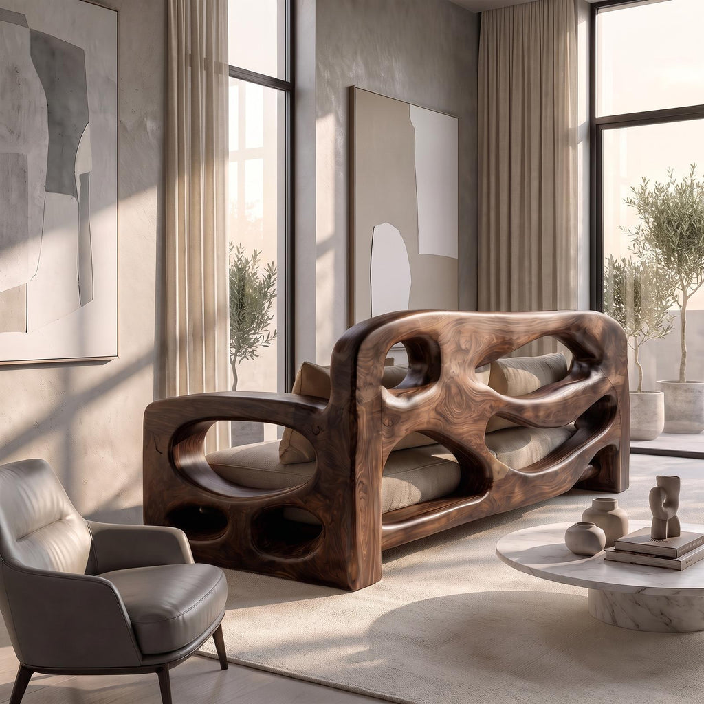Modern Sofa Frame With Sculptural Solid Wood Armrests For Living Room