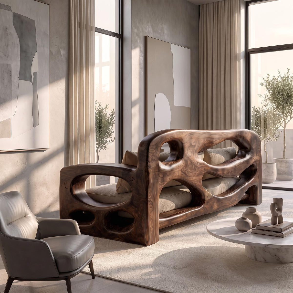 Modern Sofa Frame With Sculptural Solid Wood Armrests For Living Room