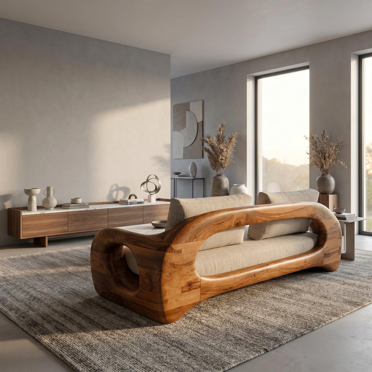 Organic Sofa Frame With Sculptural Circular Armrests For Living Room