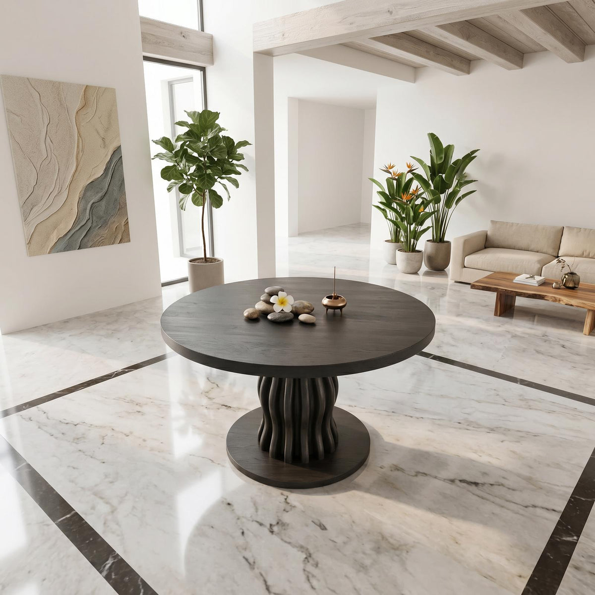 Contemporary Round Entryway Table With Wavy Vertical Form For Foyer And Living Room
