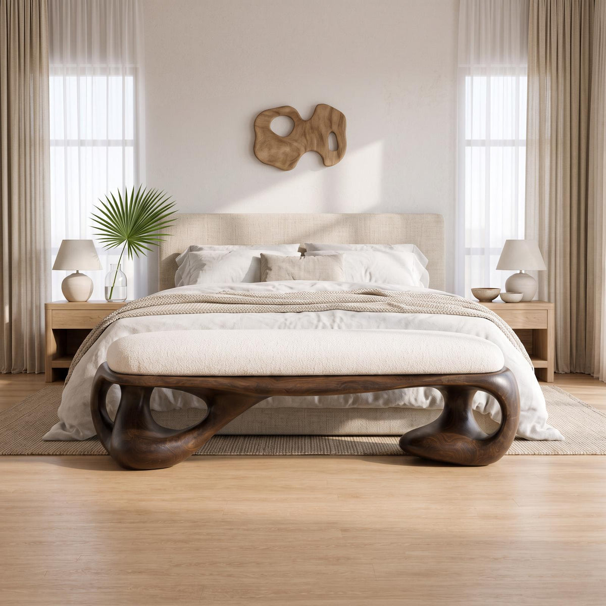 Modern Halloween Upholstered Bench With Sculptural Curved Frame For Bedroom And Entryway SINLSABEN135