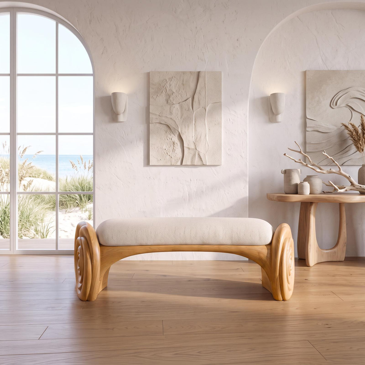 Natural Halloween Accent Bench With Carved Petal Form Legs For Dressing Room SINLSABEN141