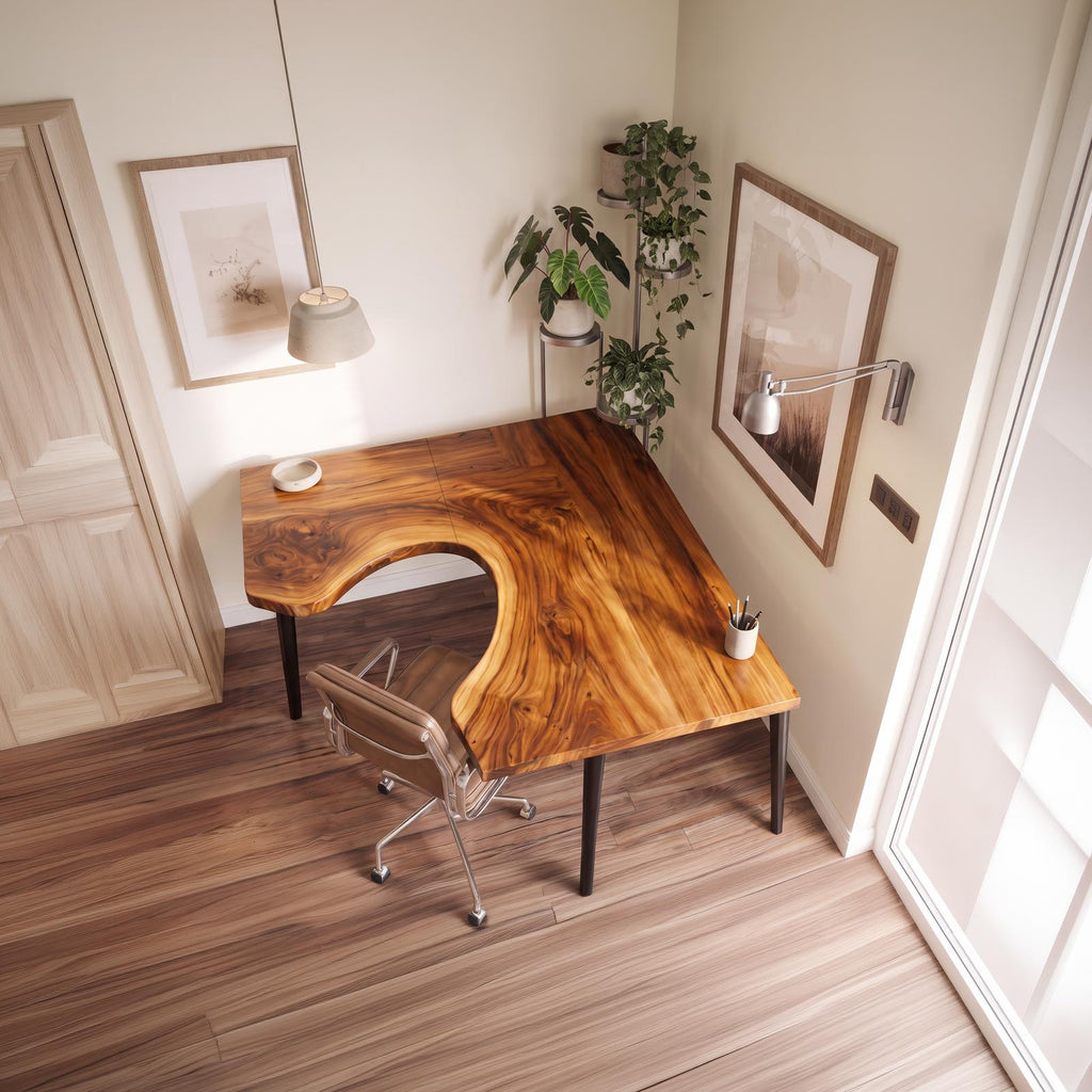 Organic Contemporary Corner Work Desk, L-Shaped Solid Wood Writing Computer Table for Home Office & Study Room