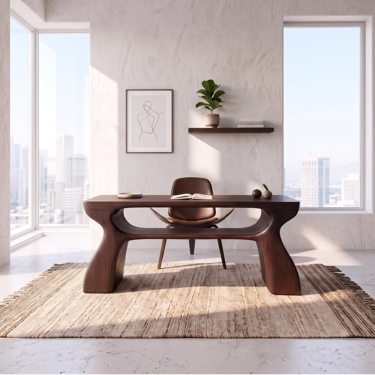 Mid Century Office Desk With Symmetrical Arch Legs For Home Office