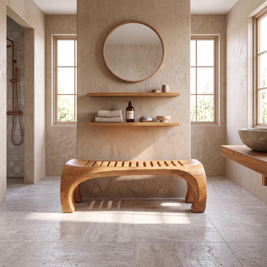 Japandi Bath Bench With Slatted Seat And Balanced Minimal Form