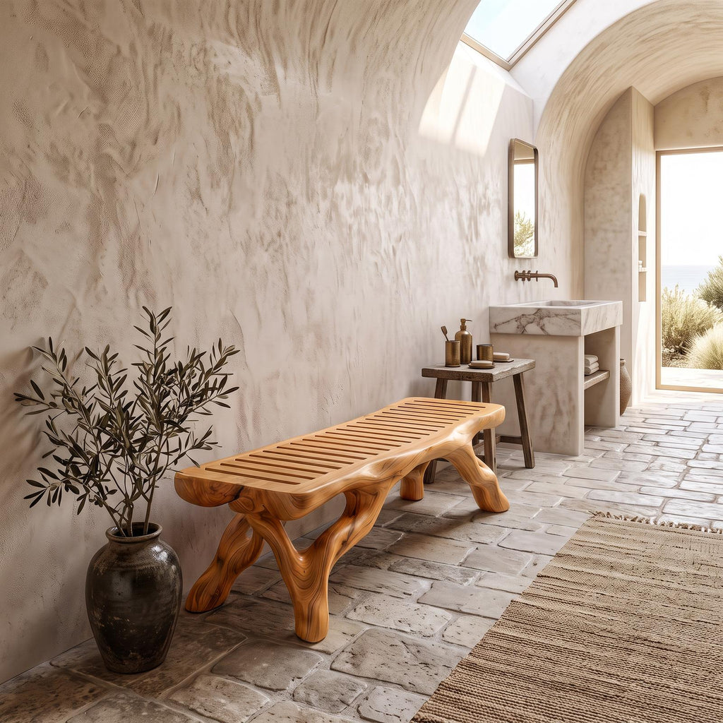 Organic Bathroom Bench With Branch Inspired Sculptural Legs For Bathroom