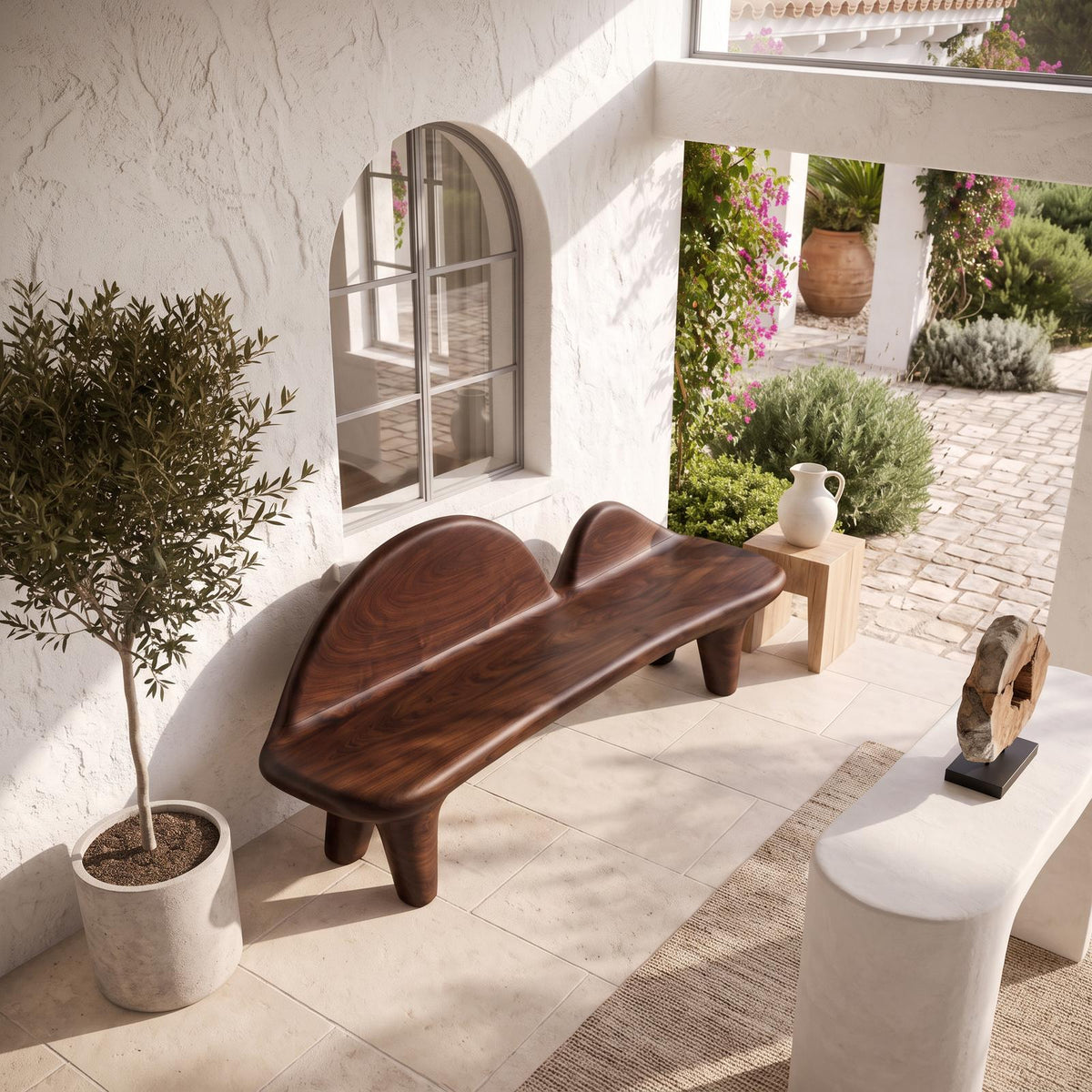 Modern Halloween Bench With Sculptural Curved Backrest For Entryway