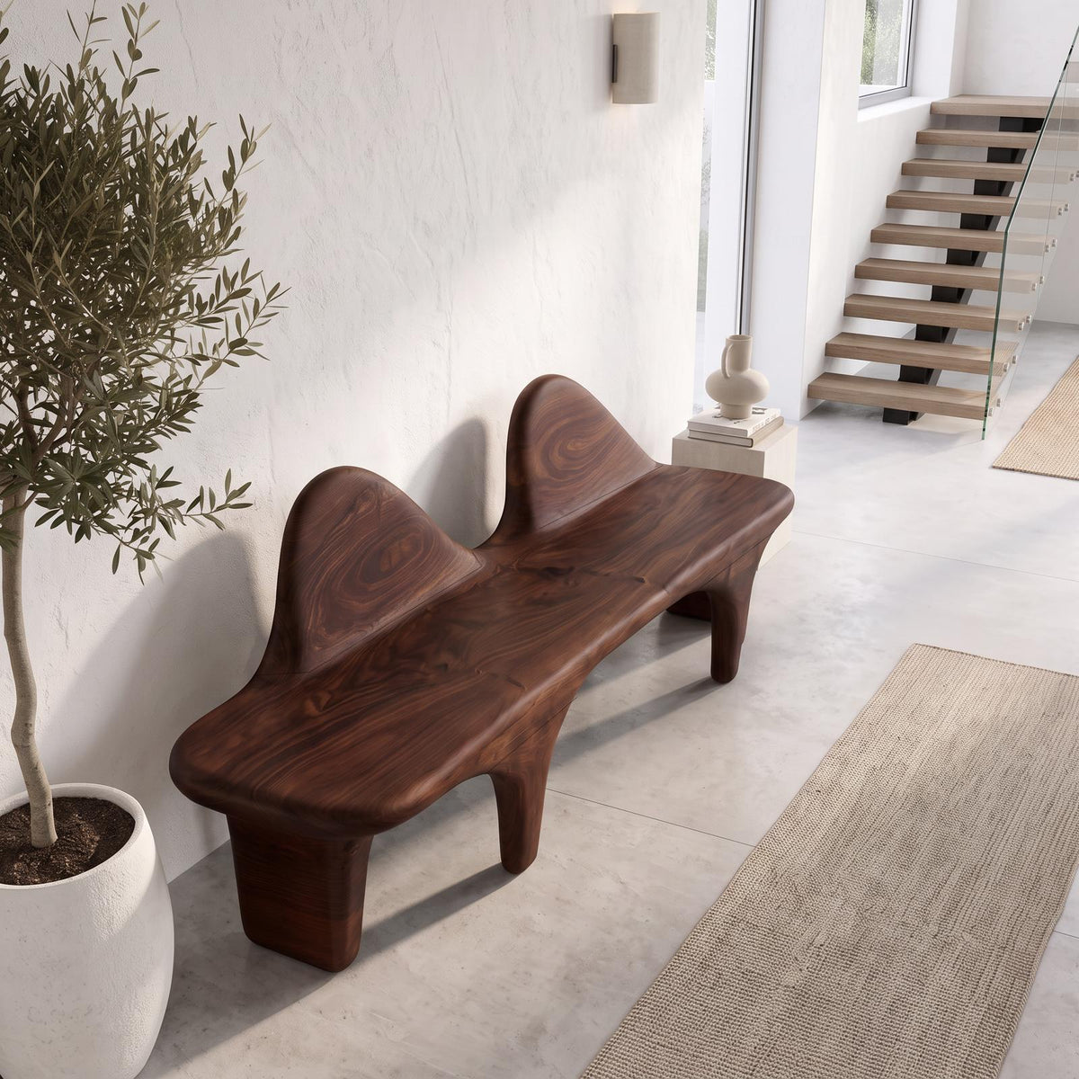 Organic Halloween Wooden Bench With Flowing Back Design For Entryway