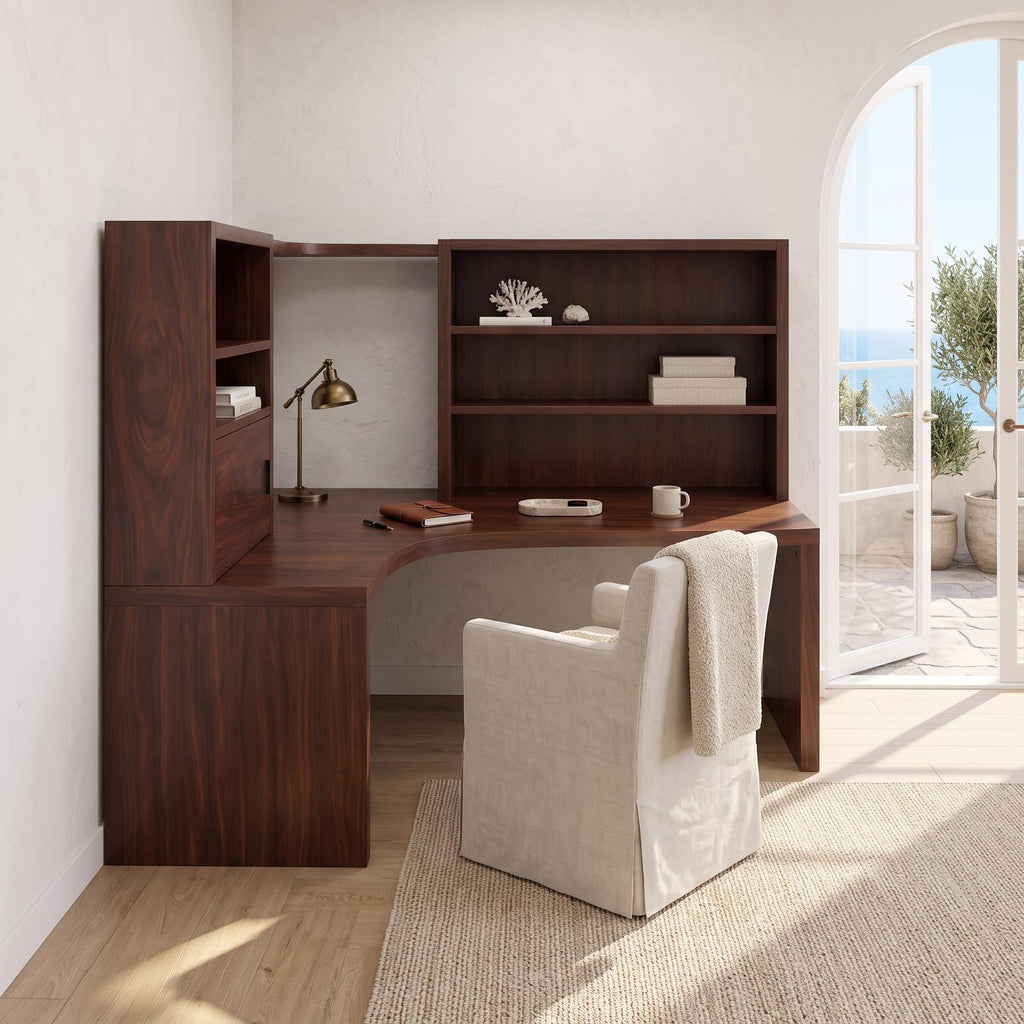 Contemporary Corner Desk With Built In Bookcase For Workspace