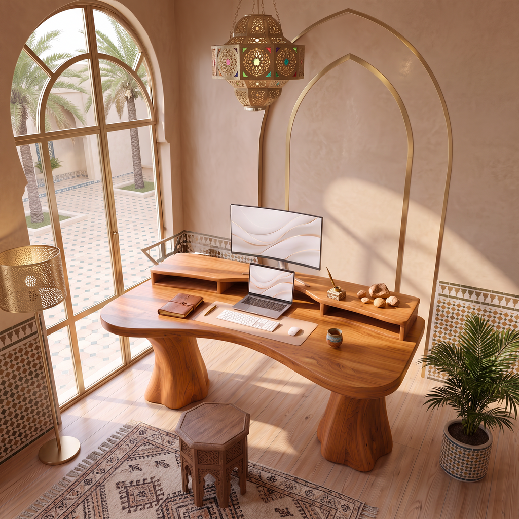 Rustic Solid Wood Desk With Tree Trunk Inspired Legs For Home Office