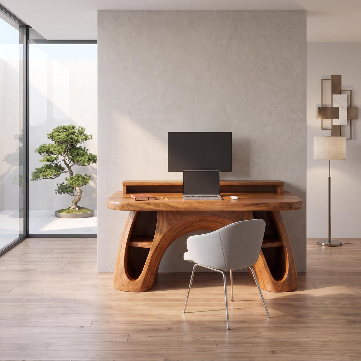 Contemporary Office Desk With Raised Monitor Platform For Workspace
