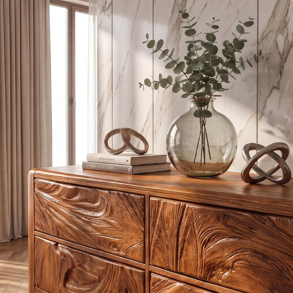 Mid Century Dresser With Carved Flowing Drawer Front For Bedroom SINLKIDR005