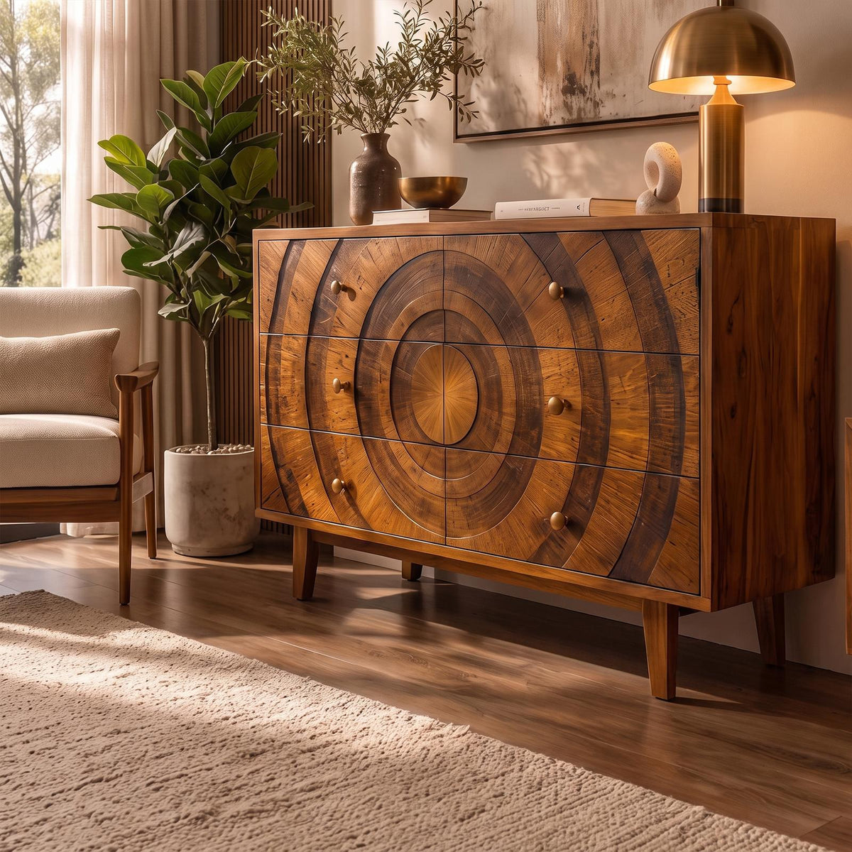 Mid Century Wooden Dresser With Concentric Circle Drawer Fronts For Bedroom