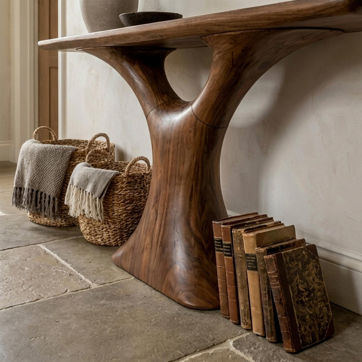 Mid Century Entry Table Smooth Sculptural Form Luxury Welcome Area