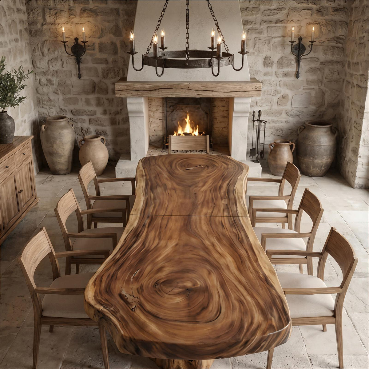 Organic Sculptural Dining Table With Live Edge Solid Wood Top And Pedestal Base For Dining Room SINLKIDT185