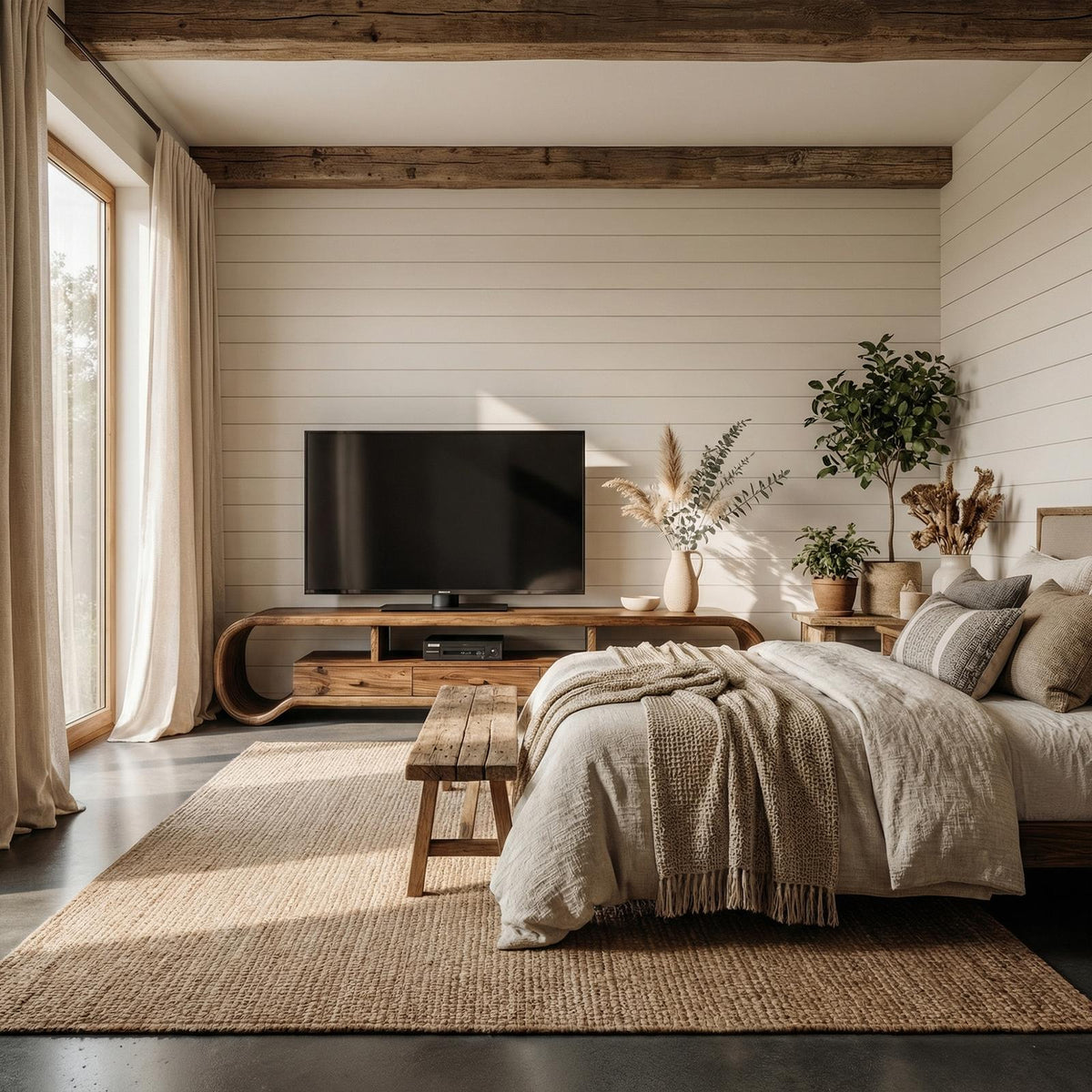 Rustic Curved TV Cabinet, Solid Wood Media Console Entertainment Center for Living Room Storage