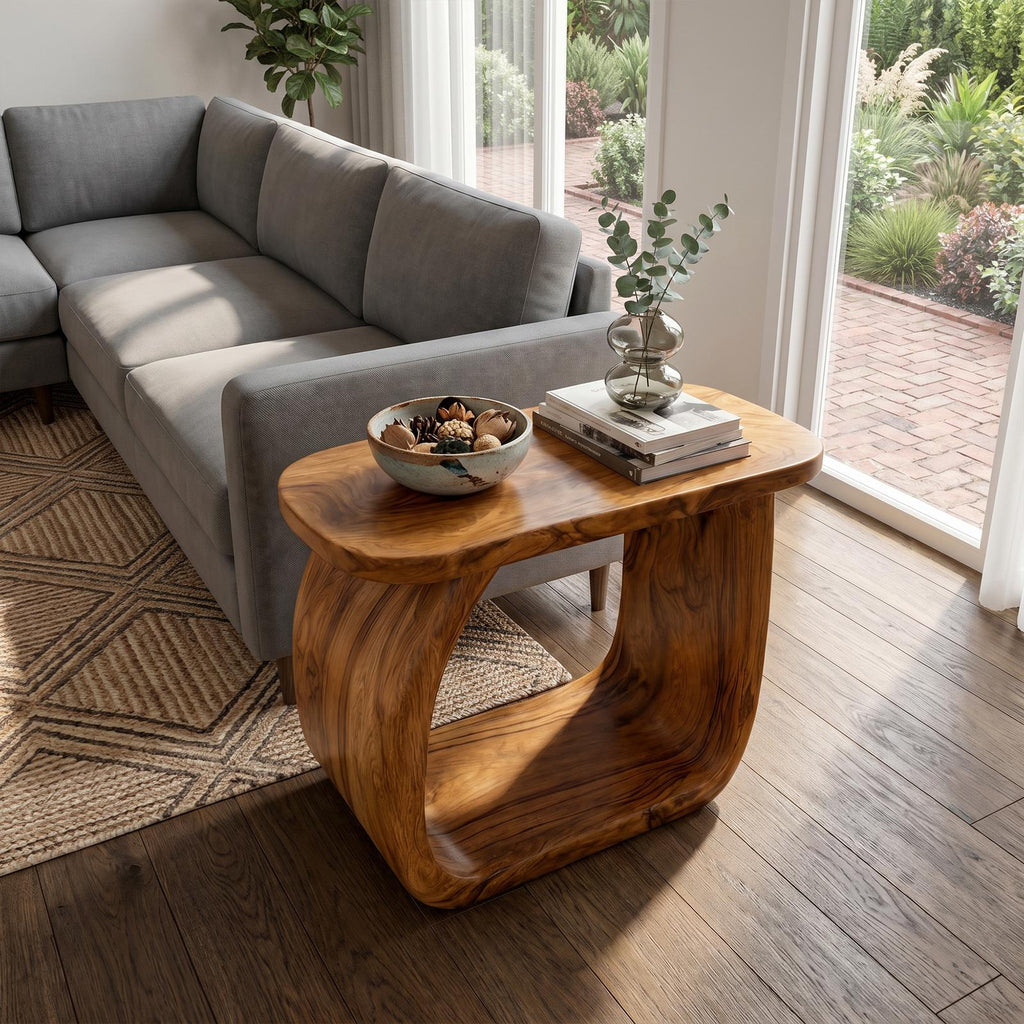 Minimal Wooden Bedside Table with Curved Open Frame, Handcrafted Modern Side Table & Nightstand for Living Room