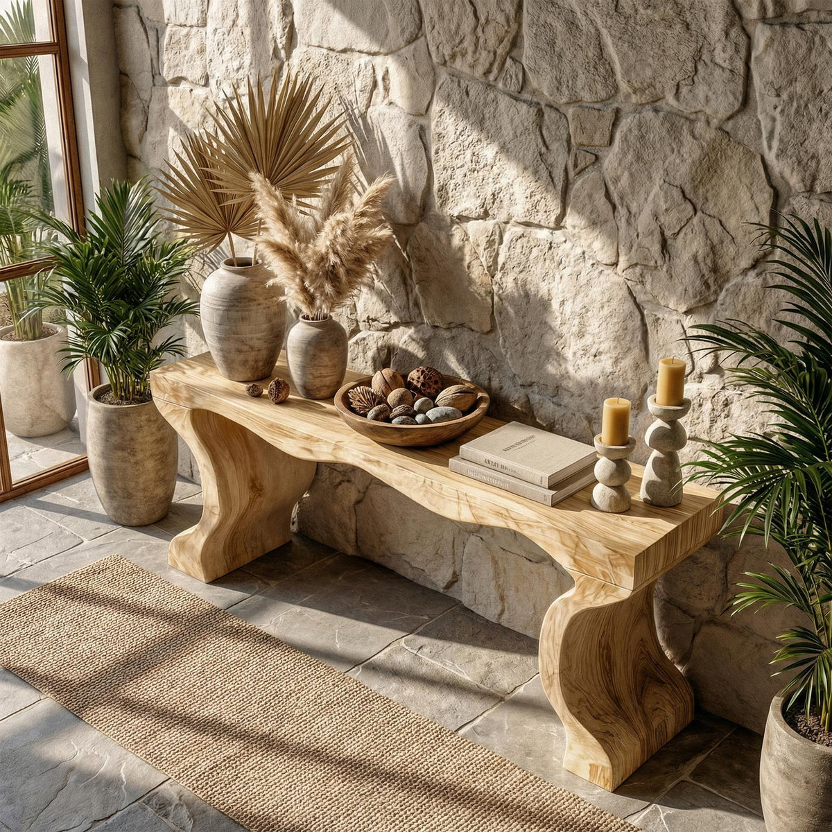 Spry Interior Sculptural Twin Base Console Table, Solid Wood Organic Pedestal Foyer Table for Living Room, Entryway, SINLKICS554