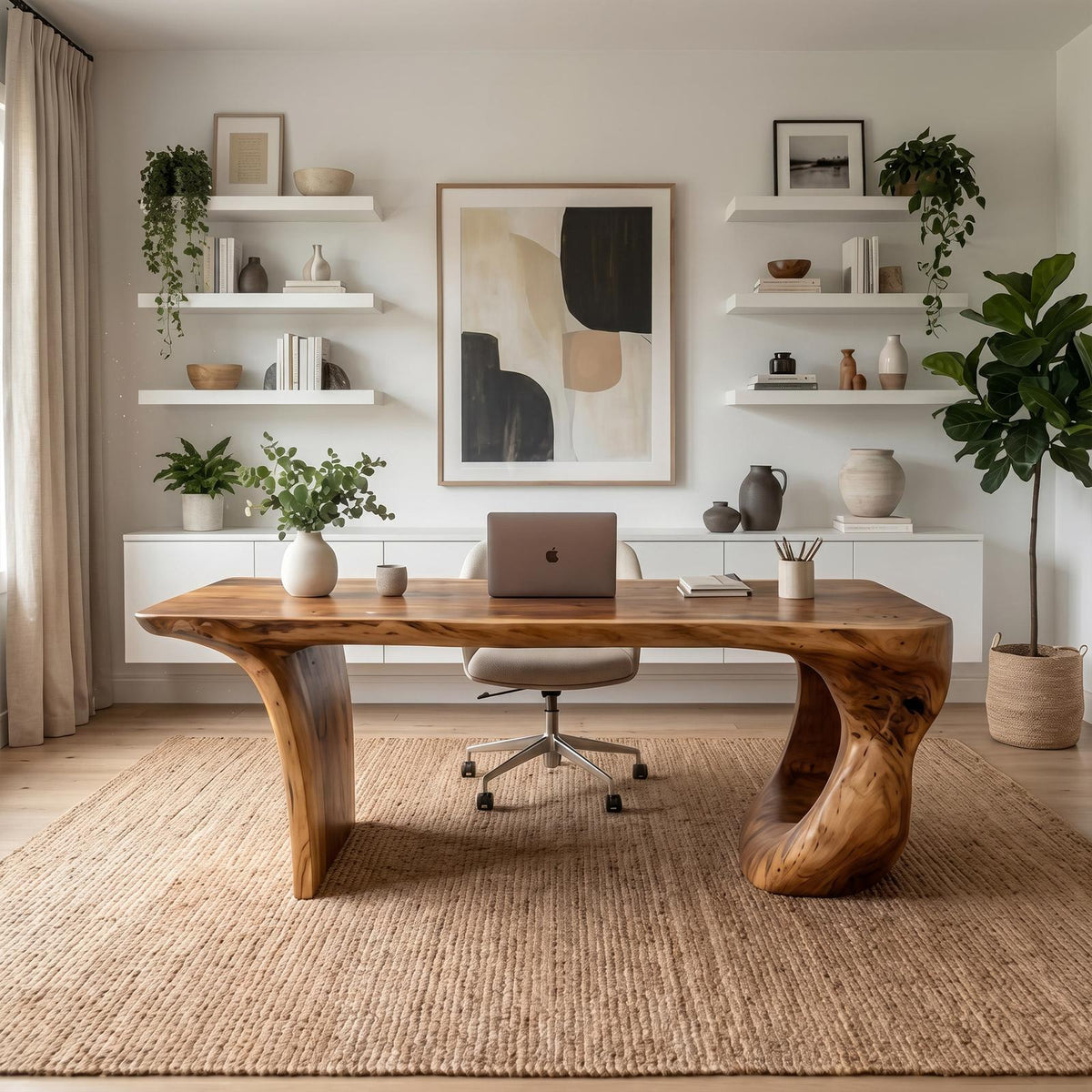 Contemporary Desk, Sculptural Loop Solid Wood Base & Writing Study Table for Executive Home Office