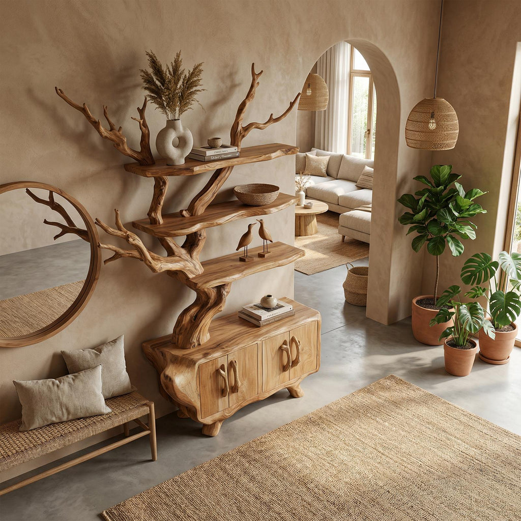 Tree Branch Bookshelf with Storage Cabinet, Solid Wood Artistic Bookcase, Modern Living Room display Unit